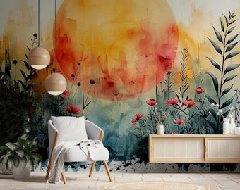 Soft Sunset Wildflowers Meadow Wallpaper Dreamy Orange Blue Floral Horizon Mural Peel Stick Removable