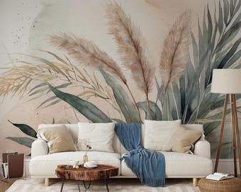 Watercolor Pampas Grass Wallpaper Mural Boho Palm Leaf Wall Decor Custom Size Removable Mural (Peel and Stick)