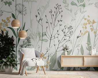 Japandi Botanical Wallpaper Mural, Sage Green Wildflower Wall Decor, Minimalist Floral (Peel and Stick)