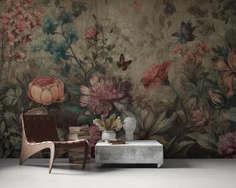 Mural de papel pintado vintage con diseño floral pastel: Peonía y mariposas, estilo shabby chic.