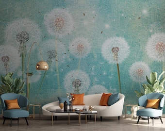 Turquoise Dandelion Meadow Wallpaper Mural – Ethereal Pastel Blue Green Design