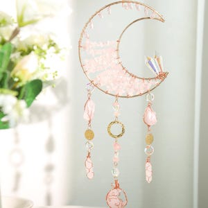 Rose Quartz Crescent Moon Suncatcher, Pink Crystal Sun Catcher for Window Hanging, Healing Crystal, Boho Decor, Crystal Decor, Gift for her