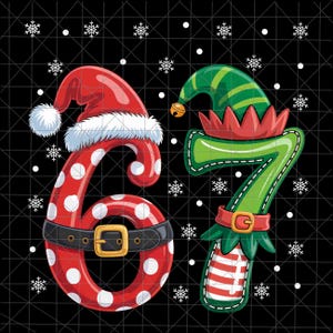 May include: A festive graphic featuring the numbers six and seven, each adorned with holiday-themed hats. The number six is red with white polka dots and a Santa hat. The number seven is green with an elf hat. Snowflakes are scattered on a black background.