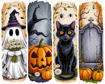 May include: Four Halloween-themed illustrations. A ghost in a witch hat holding flowers, a jack-o'-lantern with a spider web, a black cat with yellow eyes, and a tombstone with pumpkins. Each design has a unique background.