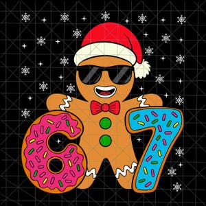 May include: A gingerbread man wearing sunglasses and a Santa hat, holding a pink donut with sprinkles and a blue number seven with sprinkles. The background is black with snowflakes.