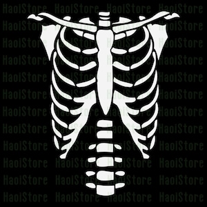 May include: A white skeletal rib cage design on a black background. The illustration depicts the front of a human rib cage, including the sternum and clavicles. The design is a simple, graphic representation.