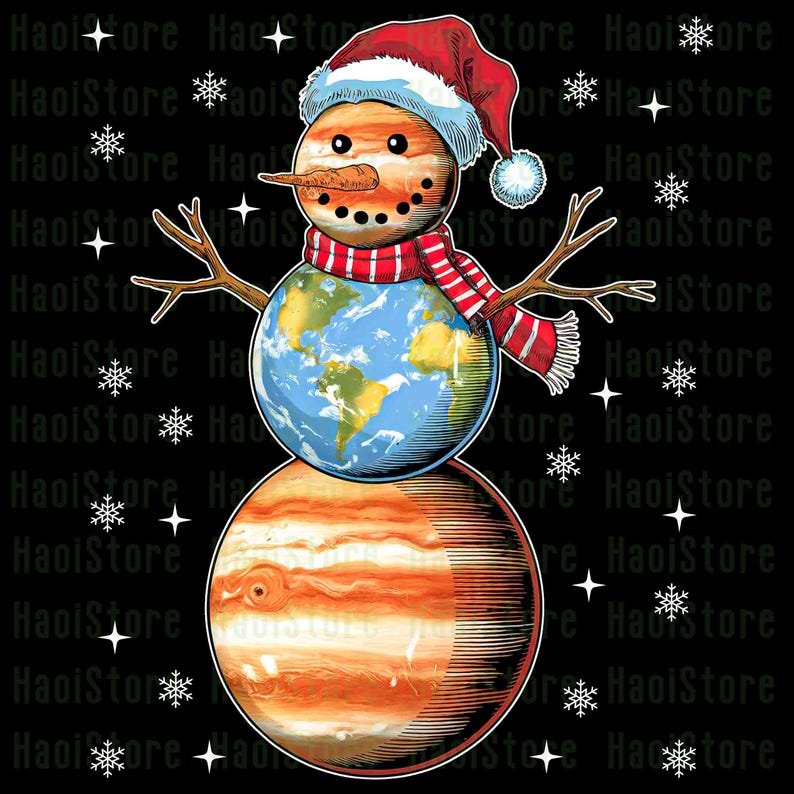 May include: A whimsical illustration of a snowman with a Jupiter-like body and a globe for a head, wearing a Santa hat and scarf. The background is black with snowflakes and stars. The text "HaoiStore" is repeated.