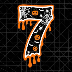 以下が含まれることがあります： ハロウィーンをテーマにした数字の7のグラフィック。数字は白とオレンジで縁取られ、オレンジ色の滴があります。クモの巣、クモ、コウモリ、カボチャが黒いグリッドの背景に描かれています。