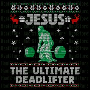 以下が含まれることがあります： 緑色の重量挙げ選手のイラストと「JESUS THE ULTIMATE DEADLIFTER」の文字が入った黒いグラフィックTシャツ。デザインは、雪の結晶、トナカイ、ギフトボックスを備えた、お祝いのセーターのようなパターンです。