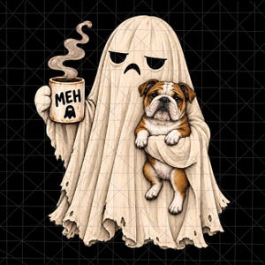 Puede incluir: Un personaje fantasma beige con expresión triste sostiene una taza humeante que dice MEH con un pequeño icono de fantasma. El fantasma sostiene un cachorro de bulldog marrón y blanco. La ilustración tiene un fondo negro con una cuadrícula.