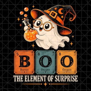 May include: A cartoon ghost wearing a black witch hat and round glasses holds a bubbling orange flask. Below, three periodic table-style squares display the letters B, O, O with the text Boron, Oxygen, Oxygen and The Element of Surprise.