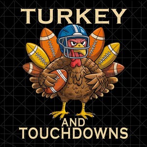 Könnte beinhalten: Cartoon-Illustration einer Truthahn mit blauem Footballhelm und Football. Die Federn des Truthahns sind als Fußbälle gestaltet. Der Text "TURKEY AND TOUCHDOWNS" ist oberhalb und unterhalb des Truthahns zu sehen.