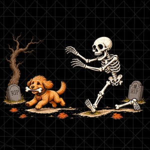 Könnte beinhalten: Eine grafische Illustration eines goldenen Welpen, der mit einem Knochen im Maul rennt und ein kürbisförmiges Halsband trägt. Ein Skelett jagt den Welpen in der Nähe von zwei Grabsteinen mit der Aufschrift RIP und einem kahlen Baum.