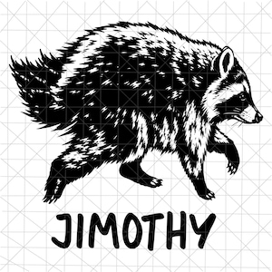 May include: A black and white graphic illustration of a raccoon in profile, depicted with textured fur and a striped tail. Below the animal, the name JIMOTHY is printed in bold, black, hand-drawn style capital letters on a white grid background.