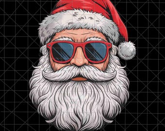 May include: Illustration of Santa Claus wearing red sunglasses and a red hat with a white trim and pom-pom. Santa has a long, white beard and mustache. The background is a black grid.
