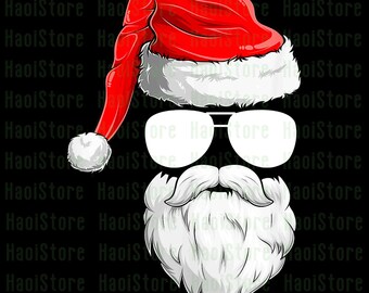 May include: A graphic illustration of Santa Claus wearing sunglasses, a red hat with white trim, and a white beard and mustache. The background is black, and the image has a modern, stylized design.