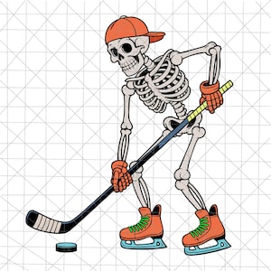 May include: A cartoon illustration of a skeleton playing hockey. The skeleton wears an orange baseball cap, gloves, and skates. It holds a hockey stick and is about to hit a blue puck. The image has a white background with a grid pattern.