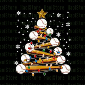 Pode incluir: Um design de árvore de Natal com tema de beisebol em um fundo preto. A árvore é construída com tacos de beisebol e adornada com bolas de beisebol, luzes de corda e uma estrela dourada. Flocos de neve estão espalhados.