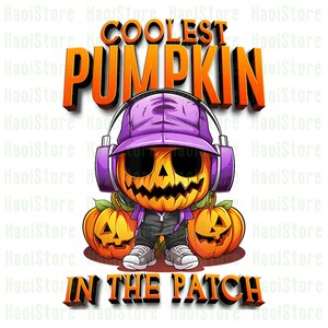 Könnte beinhalten: Cartoon-Illustration eines Kürbisses mit lila Hut und Kopfhörern, mit dem Text "COOLEST PUMPKIN IN THE PATCH". Zwei orangefarbene Kürbisse flankieren die zentrale Figur. Das Design hat einen 3D-Effekt.