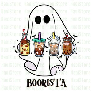 May include: A white ghost illustration holding four bubble tea drinks with straws. The drinks are decorated with Halloween-themed elements like jack-o'-lanterns and ghost shapes. The word "BOORISTA" is written in black letters at the bottom of the image.