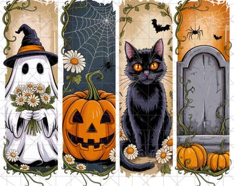 May include: Four vertical Halloween-themed illustrations. A ghost in a witch hat holding flowers, a jack-o'-lantern with a spiderweb, a black cat with orange eyes, and a tombstone with pumpkins. Each has floral and vine accents.