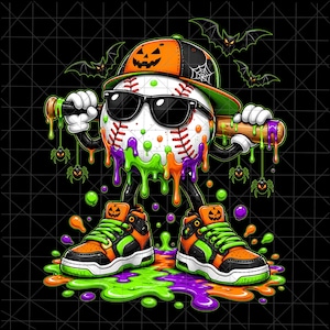 May include: A baseball character wearing black sunglasses and an orange and black jack-o'-lantern baseball cap. The character holds a wooden bat and wears orange, black, and green trainers, with neon green, orange, and purple slime dripping.