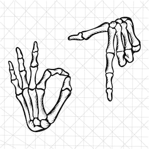 May include: Black and white illustration of two skeleton hands. One hand forms the "OK" gesture, while the other points downwards. The image is set against a grid background, creating a graphic design.
