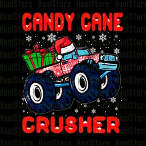 May include: A festive graphic featuring a monster truck with large wheels, a Santa hat, and a gift box. The truck is red with snowflake patterns. The words "CANDY CANE" and "CRUSHER" are in red, with snowflakes scattered around.
