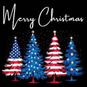 Può includere: Uno sfondo nero con la scritta "Merry Christmas" in bianco. Quattro alberi di Natale sono decorati con il design della bandiera americana, tra cui stelle e strisce. Ogni albero è sormontato da una stella d'oro.