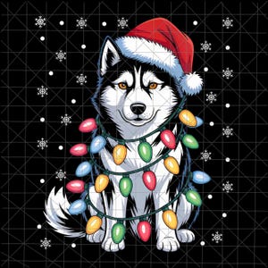 May include: A digital illustration of a Siberian Husky wearing a Santa hat and a string of colorful Christmas lights. The dog is black and white with brown eyes, set against a black background with snowflakes.