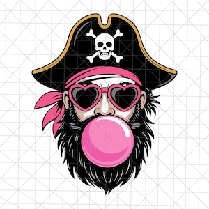 May include: A cartoon illustration of a pirate with a black beard, wearing a black pirate hat with a skull and crossbones, pink heart-shaped sunglasses, and a pink bubble gum bubble.