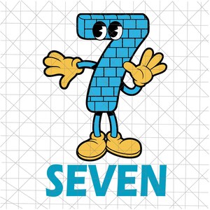 May include: A cartoon-style illustration of the number seven, rendered in blue brickwork, with animated eyes, yellow gloves, and shoes. The word "SEVEN" is written in blue block letters below the number.