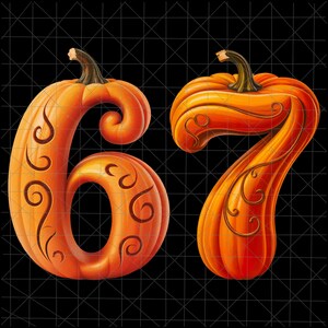 Può includere: Numeri 6 e 7 a forma di zucca arancione, con steli marroni e volute decorative. Su sfondo nero con un sottile motivo a griglia, perfetto per design a tema autunnale o Halloween.
