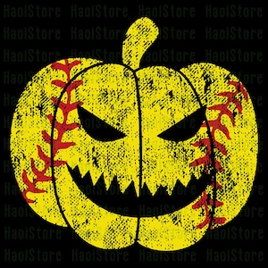 May include: A distressed yellow pumpkin design with red baseball stitching and a menacing face. The pumpkin has a jagged mouth and angled eyes, ideal for Halloween or sports fans.