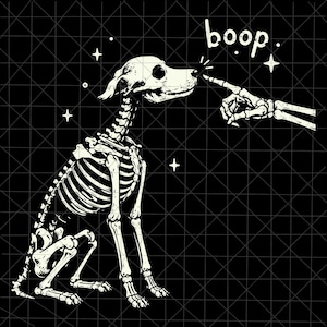 May include: A white skeletal dog sitting on a black background with a grid pattern. A skeletal finger reaches out to touch the dog's nose, accompanied by the text 'boop' and small four-pointed star shapes surrounding the figures in white.