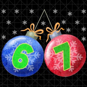 May include: Two Christmas ornaments, one blue with a green "6" and the other red with a green "1". Both ornaments have snowflake designs and are suspended by a string with orange bows. The background is black with white snowflakes.