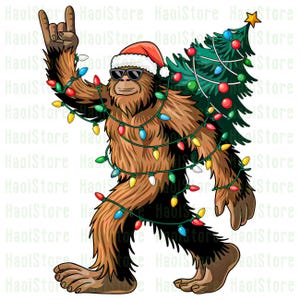 Könnte beinhalten: Cartoon-Illustration eines Bigfoot-Charakters mit Weihnachtsmütze und Sonnenbrille, mit einem Weihnachtsbaum auf dem Rücken. Der Bigfoot ist mit bunten Weihnachtslichtern bedeckt und macht eine Rock'n'Roll-Handgeste.