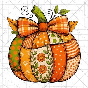 May include: A digitally illustrated pumpkin with a patchwork design. The pumpkin features orange, green, and cream-colored sections with various patterns, including polka dots, stripes, and floral motifs. A large orange plaid bow and green stem complete the design.