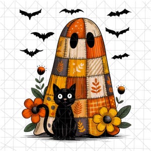 Halloween-spöke och katt med denim-png, söt Halloween-denim-spöke med denim-png, rolig Halloween-barn-png