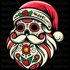 May include: A Day of the Dead-themed Santa Claus illustration. The design features a skull with a Santa hat, mustache, and beard. The skull is decorated with floral and ornamental patterns in red, green, and cream colors against a black background.