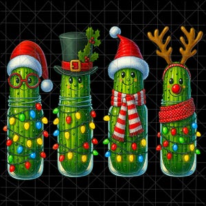 May include: Four cartoon pickles in glass jars, each decorated for Christmas. One wears a Santa hat and glasses, another a top hat with holly, a third a Santa hat and scarf, and the last has reindeer antlers and a red nose. All are wrapped in Christmas lights.