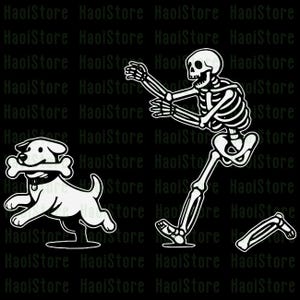 May include: A black and white graphic illustration features a skeleton chasing a dog. The dog is running with a bone in its mouth. The skeleton is missing a leg. The image has the text "HaoiStore" repeated.