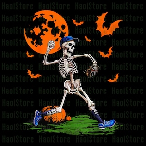 May include: A Halloween-themed graphic featuring a skeleton in a baseball uniform pitching a ball. The skeleton wears a blue cap and shoes, with a baseball glove. An orange moon and bats are in the background, with a pumpkin on the ground.
