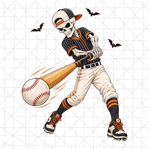 May include: A skeleton baseball player wearing a black and orange pinstripe jersey, white pants, and a cap, swinging a wooden bat at a baseball. Three small black bats fly in the background, and the figure wears black and orange sneakers.