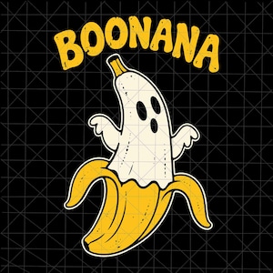 Puede incluir: Una ilustración gráfica sobre un fondo negro que muestra un plátano amarillo parcialmente pelado que revela un fantasma blanco con ojos y boca negros. Sobre el plátano, la palabra BOONANA está escrita en letras amarillas, negritas y desgastadas.