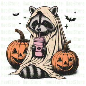 May include: A Halloween-themed illustration featuring a raccoon dressed as a ghost, holding a pink drink with a pumpkin design. Two carved orange pumpkins and bats are also present. The image has a vintage, hand-drawn style.