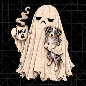 Puede incluir: Un personaje fantasma beige con expresión triste sostiene una taza humeante que dice MEH con un pequeño icono de fantasma. El fantasma sostiene a un cachorro de pastor australiano moteado con pelaje marrón, negro y blanco sobre fondo negro.