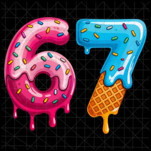 Könnte beinhalten: Grafische Darstellung der Zahlen 6 und 7, gestaltet als Desserts. Die 6 ist ein rosa Donut mit Streuseln, die 7 ist blau mit einem Waffel-Kegel-Sockel. Der Hintergrund ist schwarz mit einem Gitter.