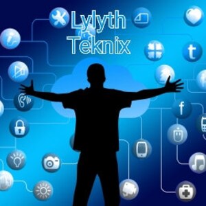 May include: A silhouette of a person with arms outstretched, standing in front of a cloud with the text "Llylyth Teknix" above it. The person is surrounded by a network of blue lines connecting various icons, including a heart, a shopping cart, a wrench, a book, a lightbulb, a camera, a music note, a phone, and a first aid kit.