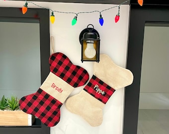 Dog Christmas Stocking, Dog Bone Stocking, Pet Christmas, Christmas Stocking, Burlap Stocking, Plaid Stocking, Personalized Christmas